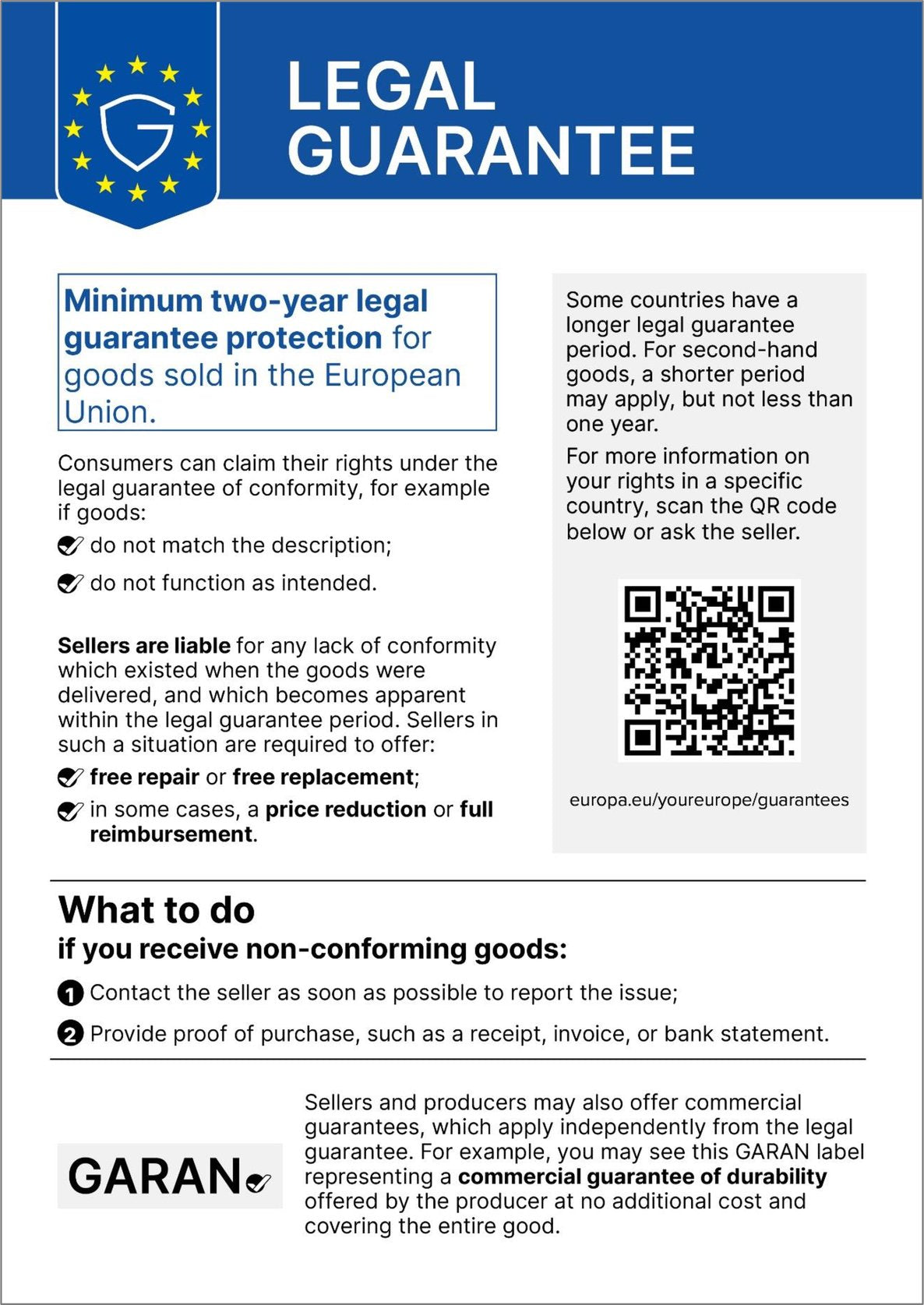 A Document with information about legal Guarantee. Further inforamtion can be found at www.europa.eu/youreurope/guarantees